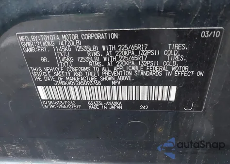 2010 Toyota Rav4 Base V6 z USA, uszkodzony, nr VIN JTMBK4DV2A5093768